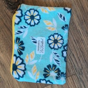 Handmade Floral Zipper Pouch, Aqua, Navy, White, & Yellow, Fleece